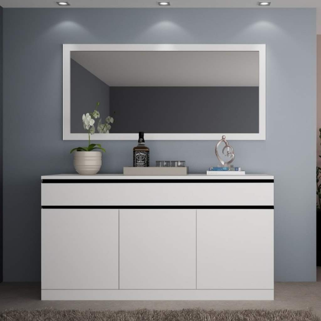 Aparador Imperial 3 Portas 3 Prateleiras Espelho Branco-Preto