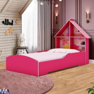 Cama Casinha Rosa Cabeceira com Desenhos