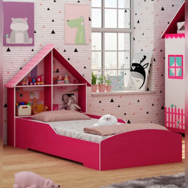 Cama Casinha Rosa Cabeceira com Desenhos - Imagem 2