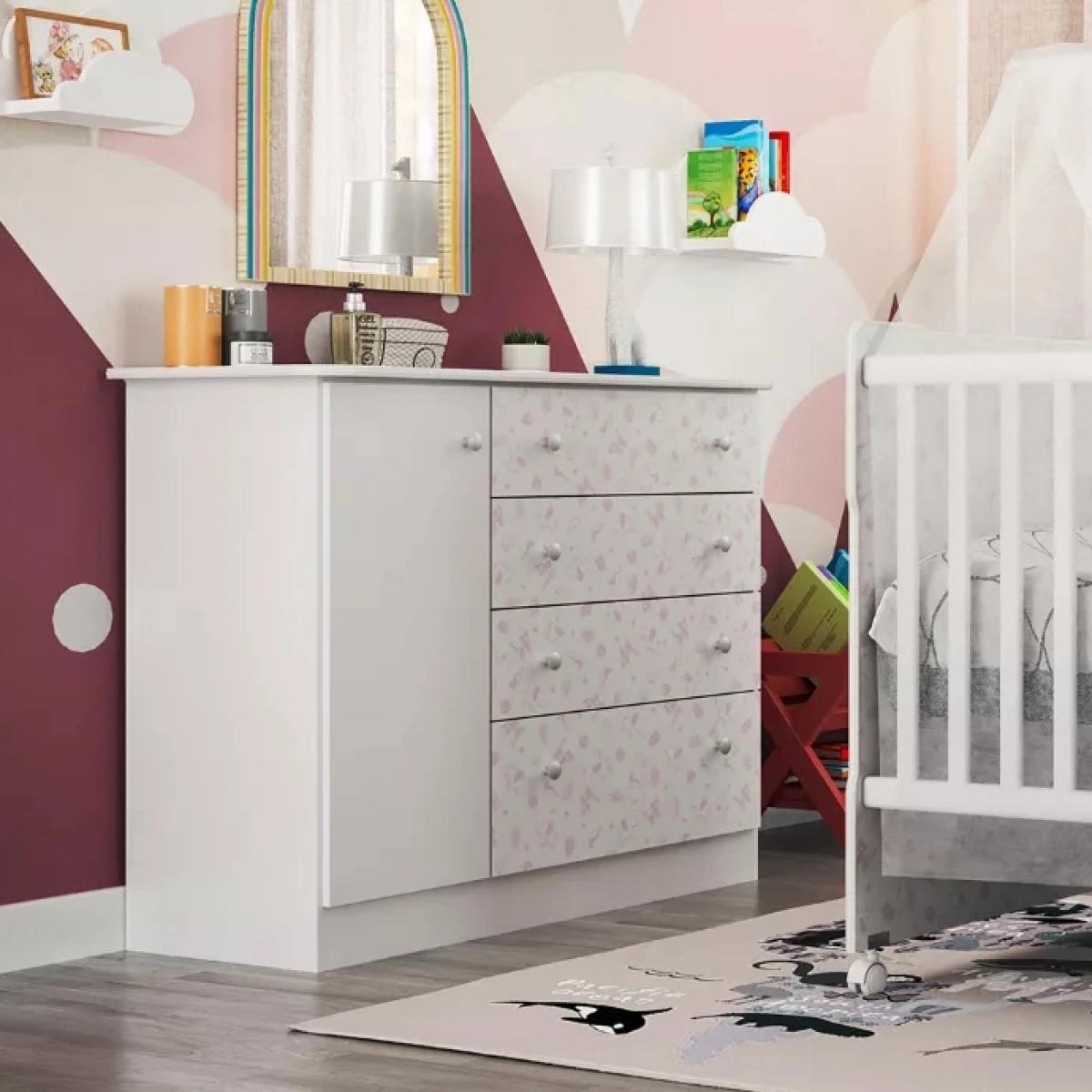 Cômoda Bebê Newbaby Baby 4 Gavetas 1 Porta Rosa
