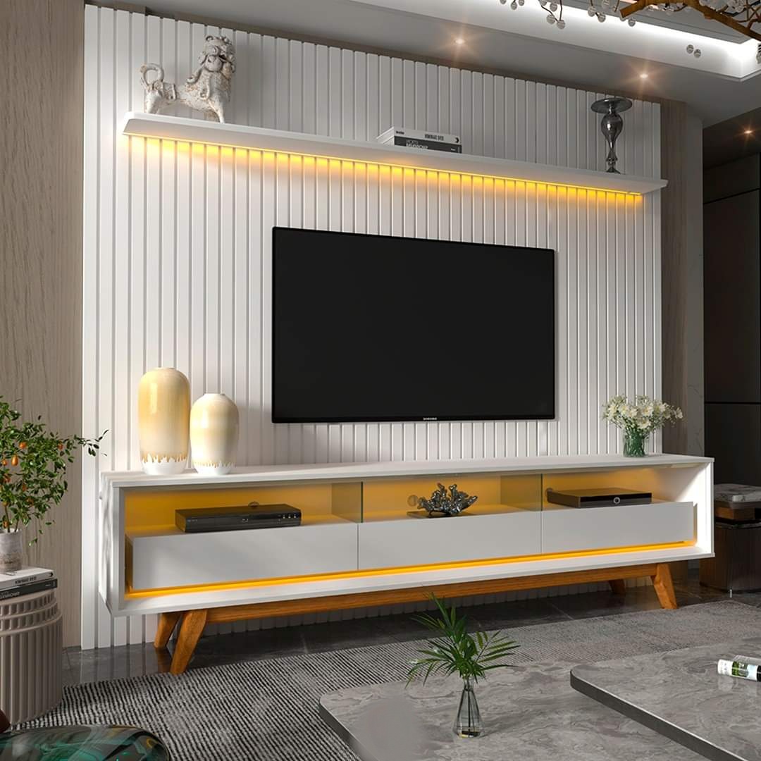 Conjunto Painel Ripado 2,75m + Rack Requinte Nat Branco 